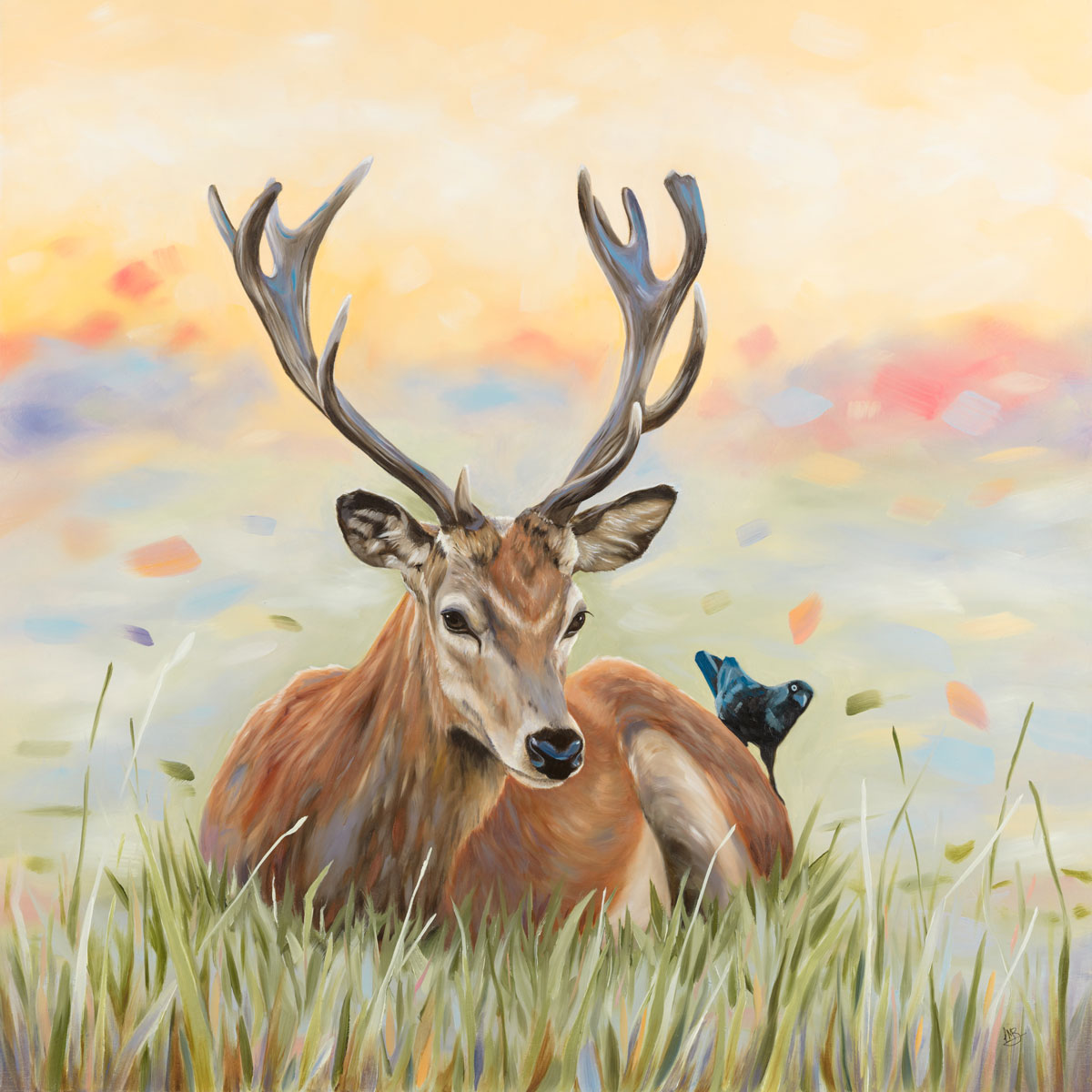 Stag and Jackdaw Print - colourful stag art