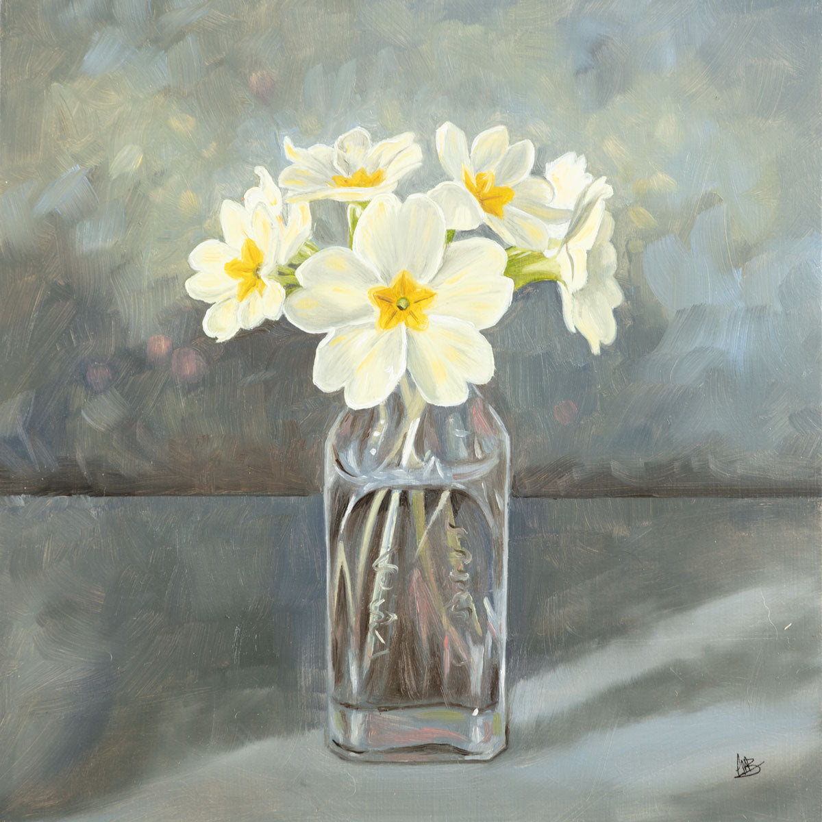 Primroses in Antique Lemonade Bottle Oil Painting