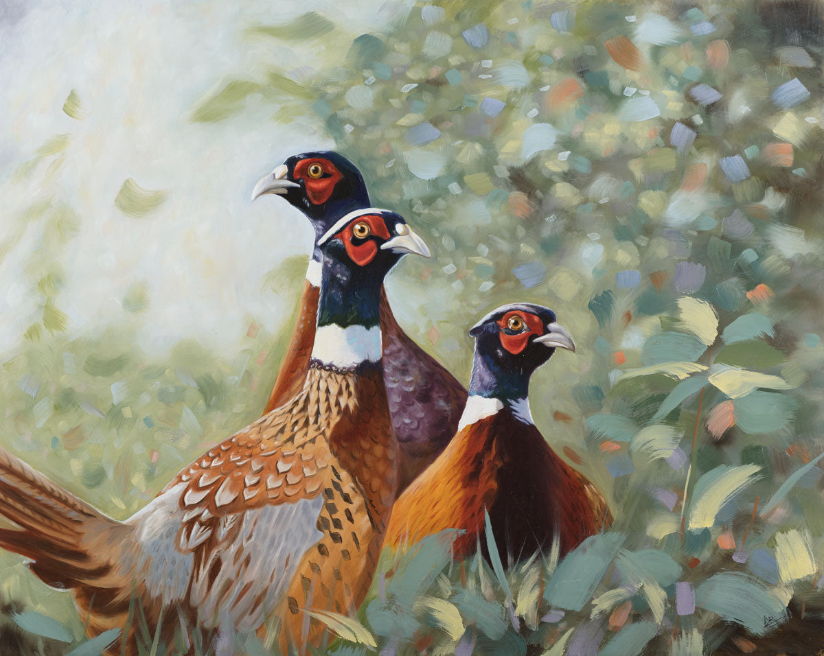 Oil painting of pheasant group