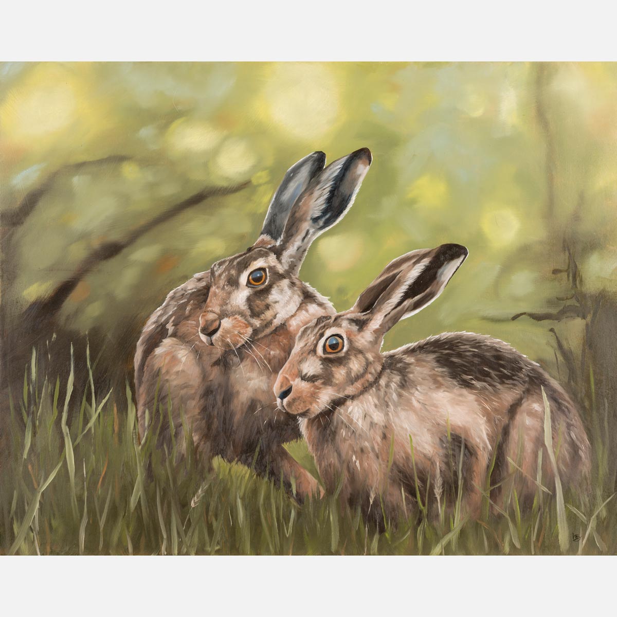 'Together by Twilight' - Original oil painting of Two Hares